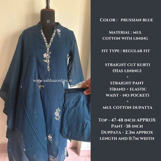Prita - Prussian Blue Mul Cotton kurti 3pc set with lining - LN 62