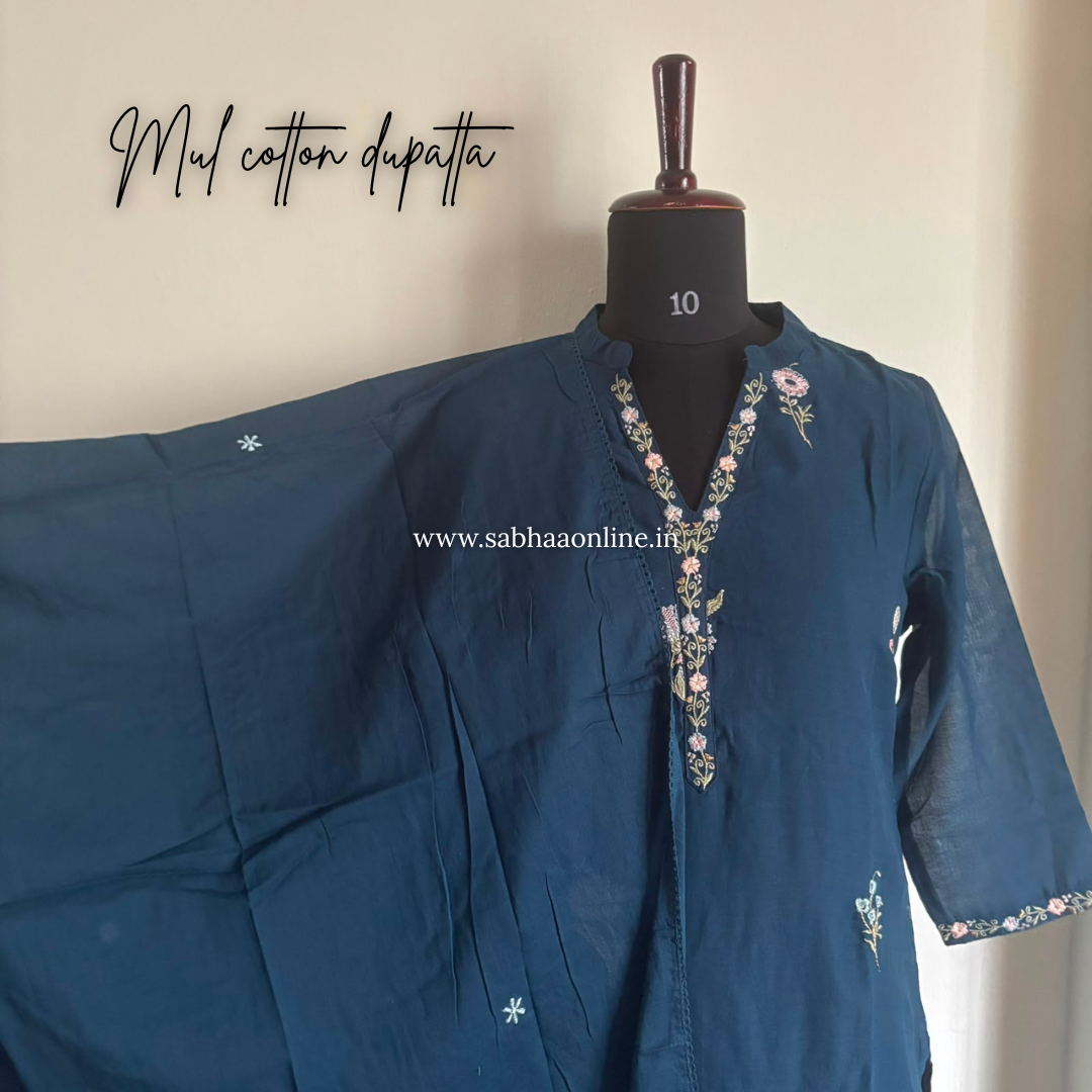 Prita - Prussian Blue Mul Cotton kurti 3pc set with lining - LN 62
