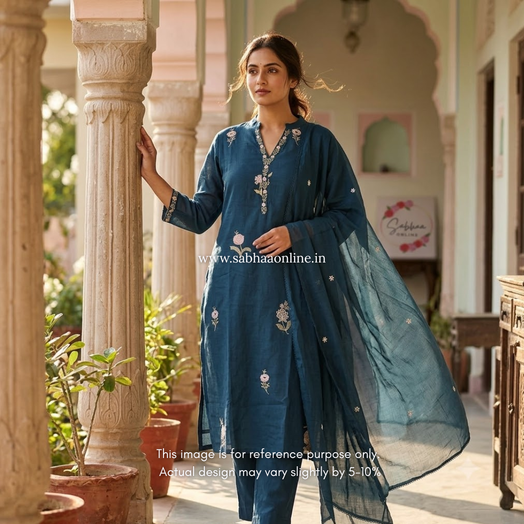 Prita - Prussian Blue Mul Cotton kurti 3pc set with lining - LN 62