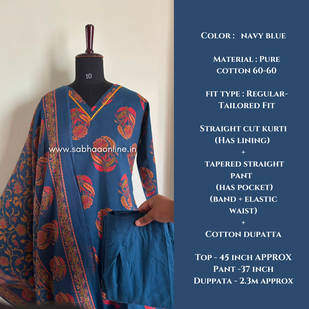Amal - Navy Blue Cotton kurti 3pc set with lining - LN 66