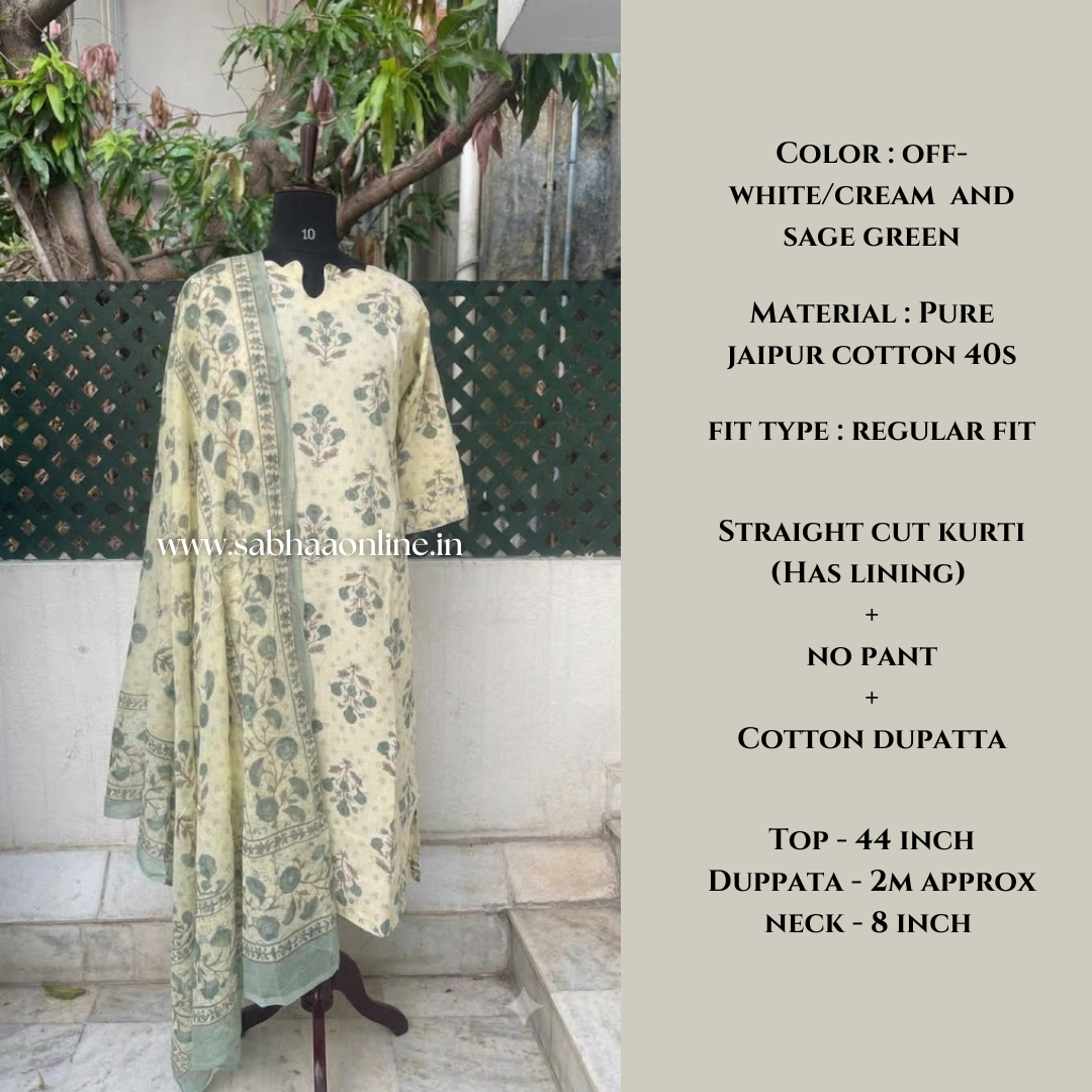 Ragavi - Cream and Sage green Cotton kurti with lining and dupatta - No pant included