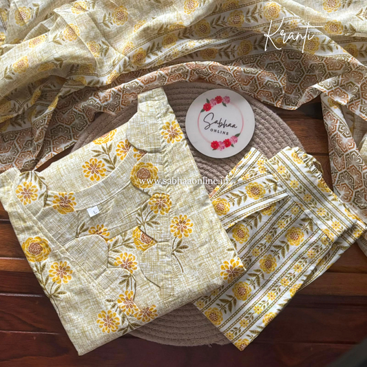Kranti - Beige and yellow Cotton kurti 3pc set with lining (Slim fit)- LN 63