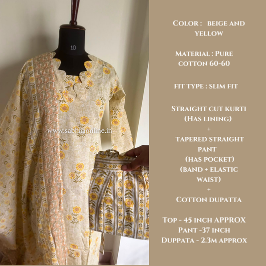Kranti - Beige and yellow Cotton kurti 3pc set with lining (Slim fit)- LN 63