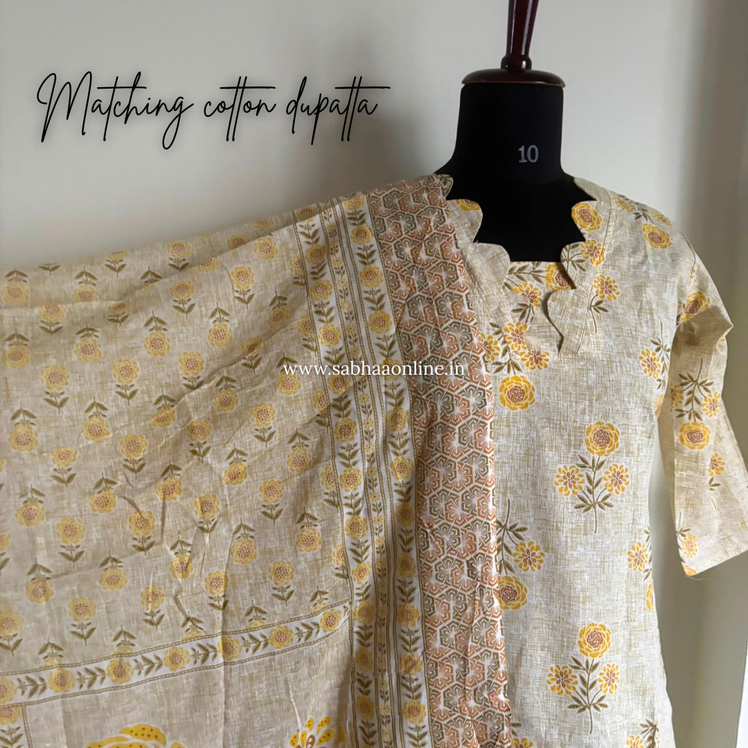 Kranti - Beige and yellow Cotton kurti 3pc set with lining (Slim fit)- LN 63