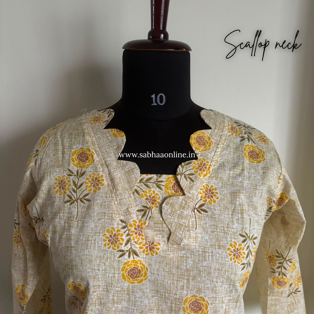 Kranti - Beige and yellow Cotton kurti 3pc set with lining (Slim fit)- LN 63