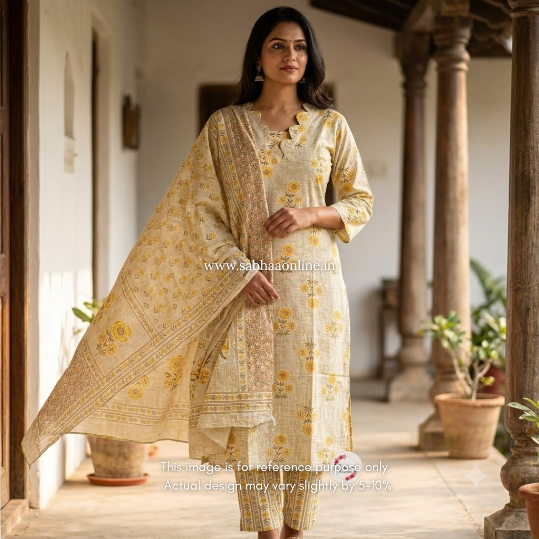 Kranti - Beige and yellow Cotton kurti 3pc set with lining (Slim fit)- LN 63