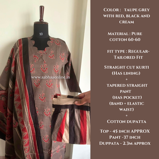 Ajantha - Taupe grey Cotton kurti 3pc set with lining - LN 63