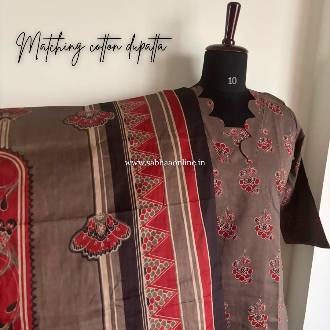 Ajantha - Taupe grey Cotton kurti 3pc set with lining - LN 63