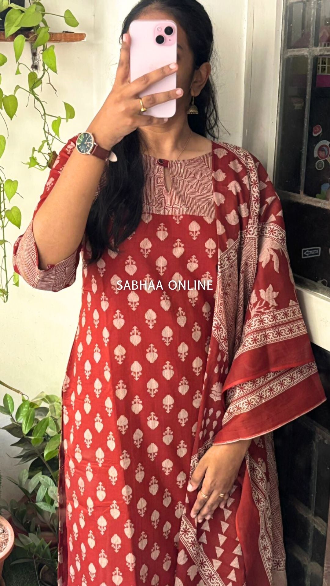 Pallavi - Brick Red Cotton Kurti 3pc set with lining