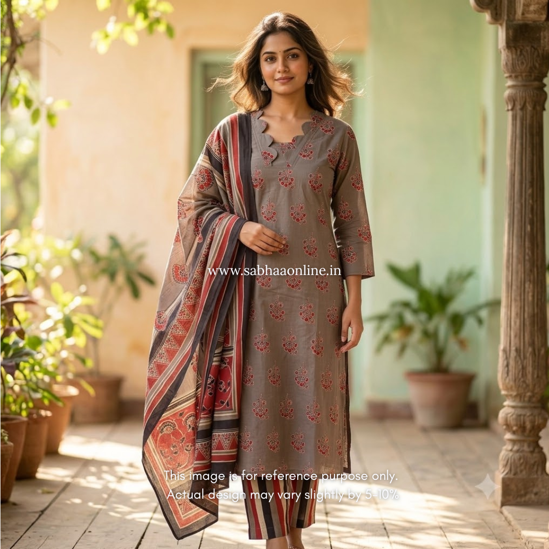 Ajantha - Taupe grey Cotton kurti 3pc set with lining - LN 63