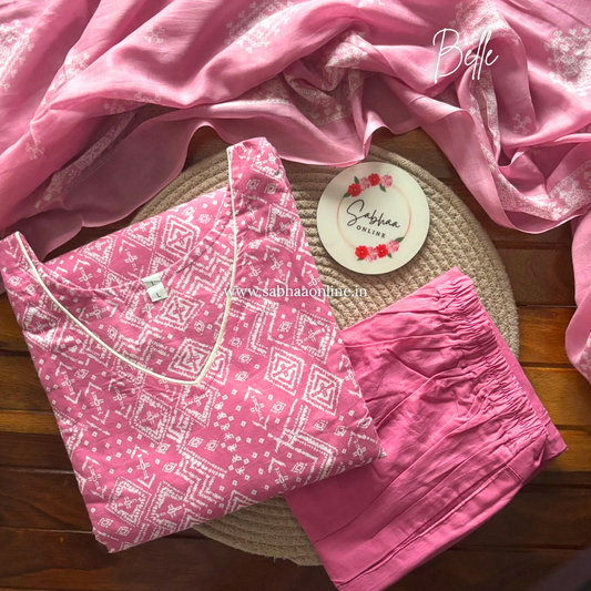 Belle - Bubblegum Pink Cotton kurti 3pc set with lining - LN 63