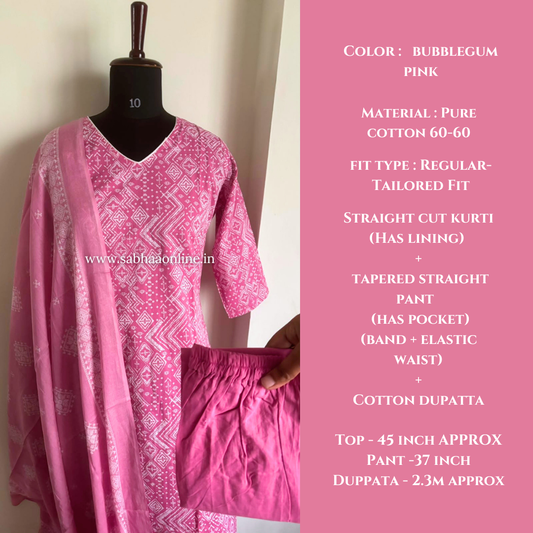 Belle - Bubblegum Pink Cotton kurti 3pc set with lining - LN 63