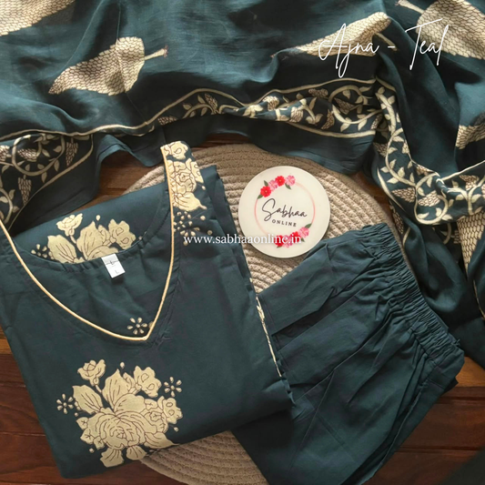 Ajna - Teal floral Cotton kurti 3pc set with lining - LN 63