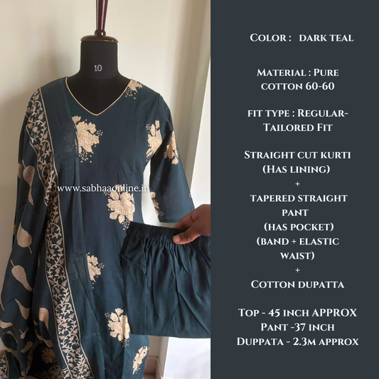 Ajna - Teal floral Cotton kurti 3pc set with lining - LN 63
