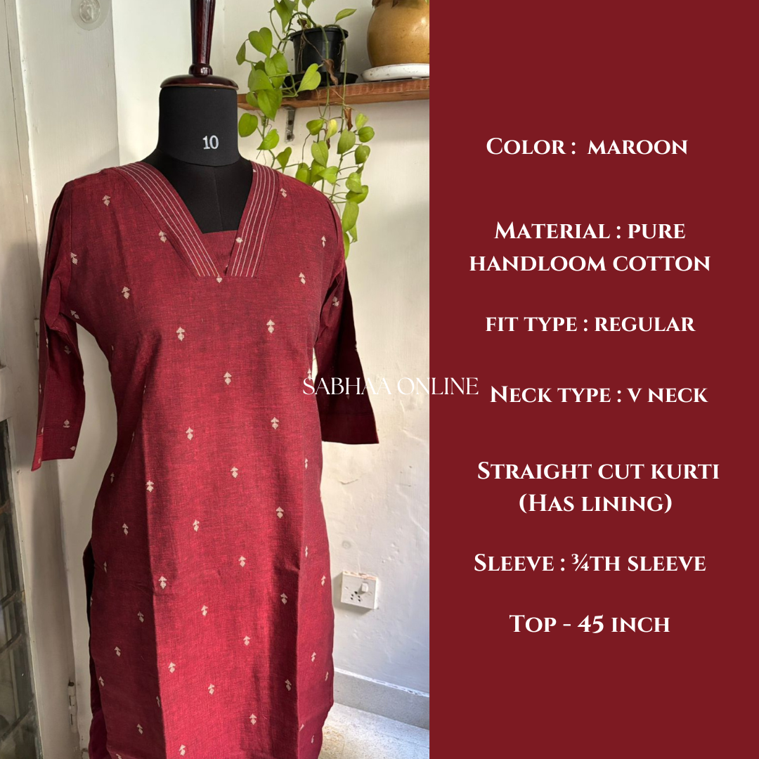 Mitra - Maroon Handloom Cotton kurti with lining