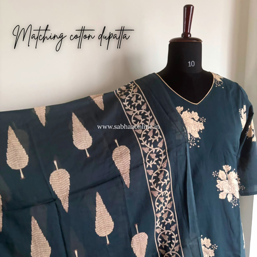 Ajna - Teal floral Cotton kurti 3pc set with lining - LN 63