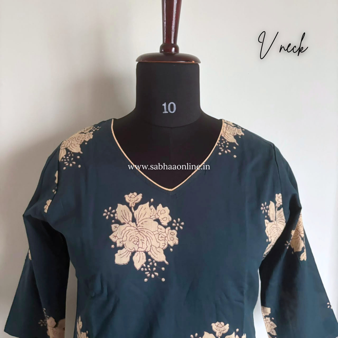Ajna - Teal floral Cotton kurti 3pc set with lining - LN 63