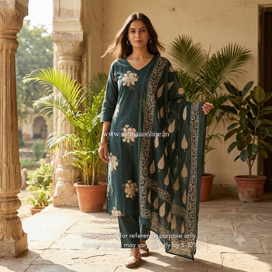 Ajna - Teal floral Cotton kurti 3pc set with lining - LN 63