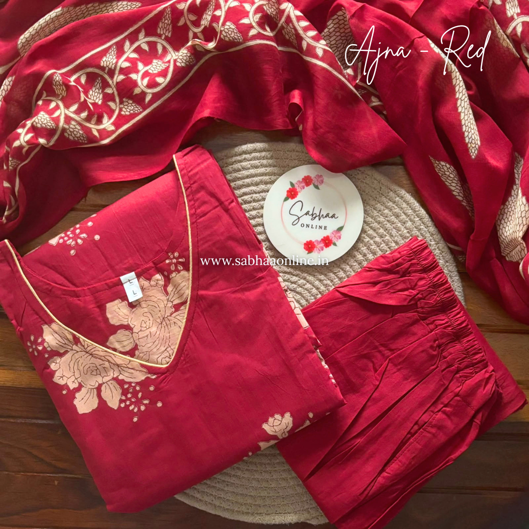 Ajna - Red Cotton kurti 3pc set with lining (Only in size 42) - LN 63