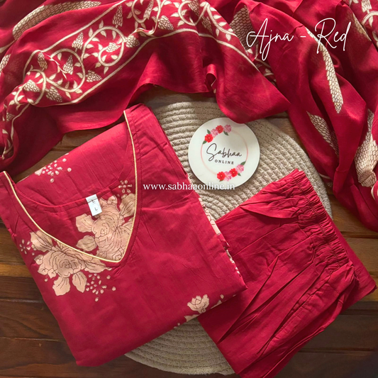 Ajna - Red Cotton kurti 3pc set with lining (Only in size 42) - LN 63