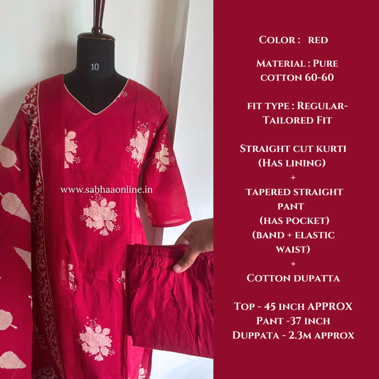 Ajna - Red Cotton kurti 3pc set with lining (Only in size 42) - LN 63