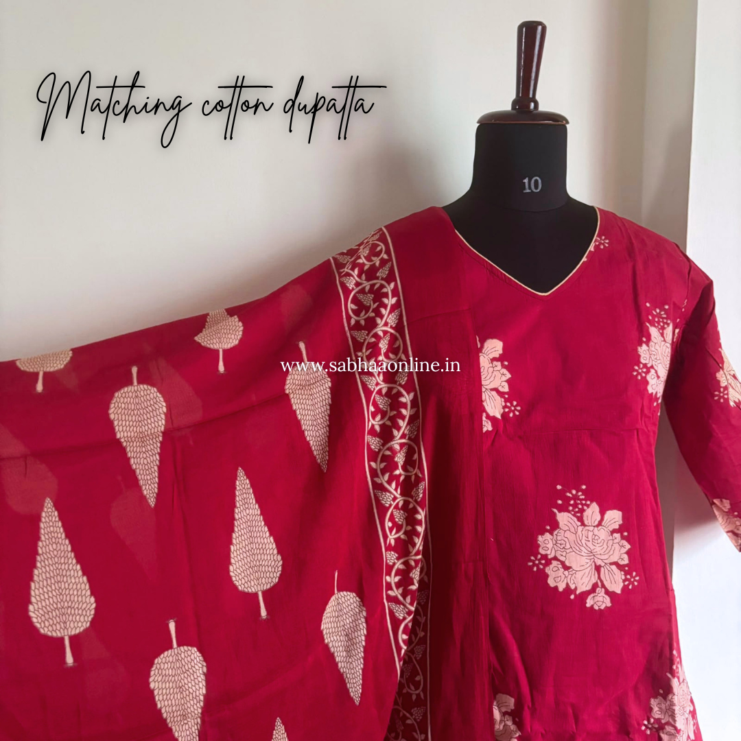 Ajna - Red Cotton kurti 3pc set with lining (Only in size 42) - LN 63