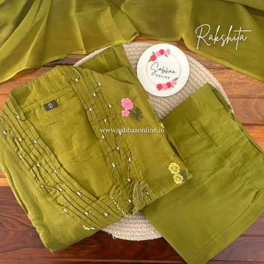 Rakshita - Olive green  Mul Cotton kurti 3pc set with lining - LN 64