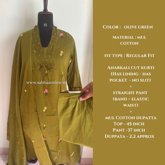 Rakshita - Olive green  Mul Cotton kurti 3pc set with lining - LN 64