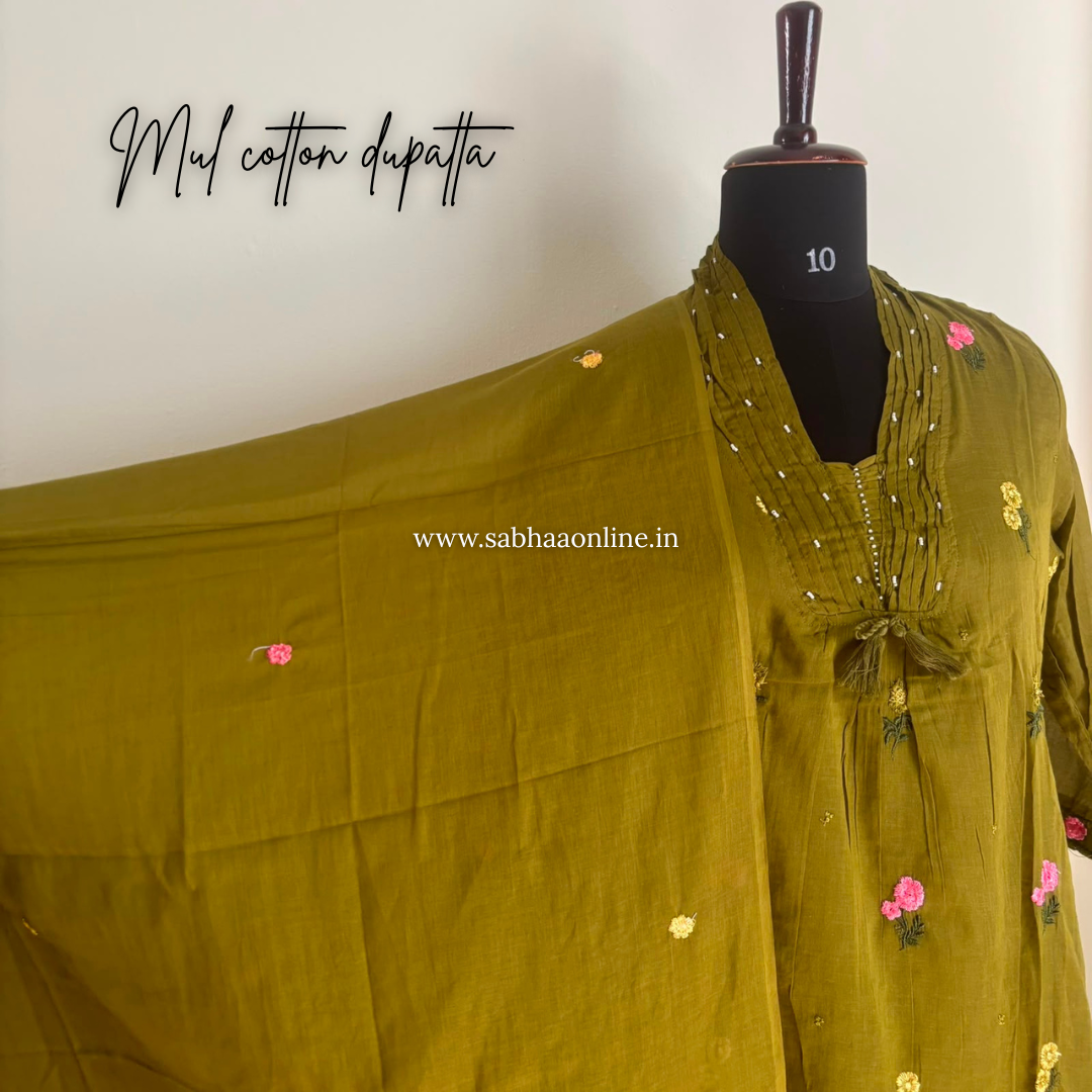 Rakshita - Olive green  Mul Cotton kurti 3pc set with lining - LN 64