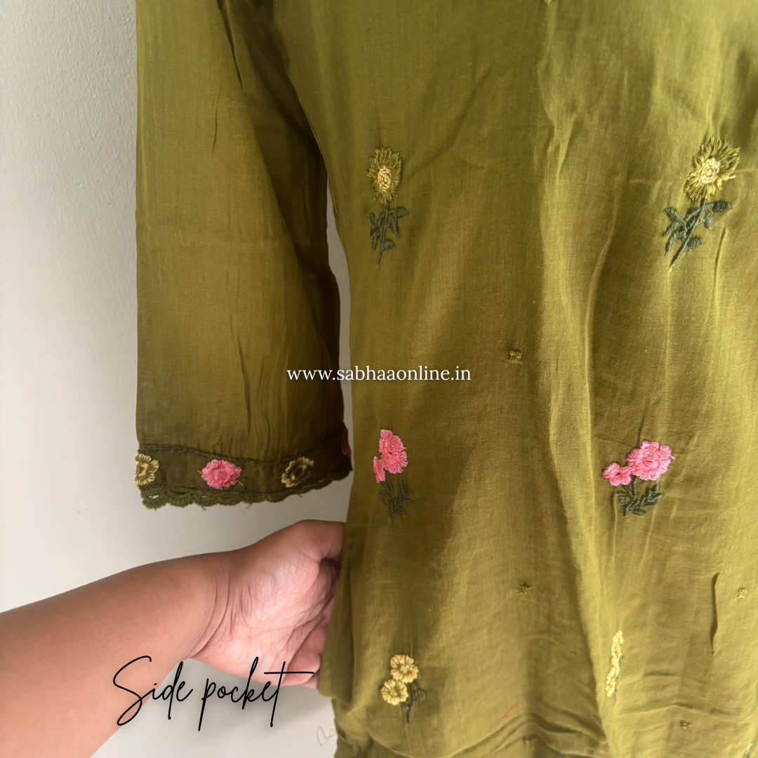 Rakshita - Olive green  Mul Cotton kurti 3pc set with lining - LN 64