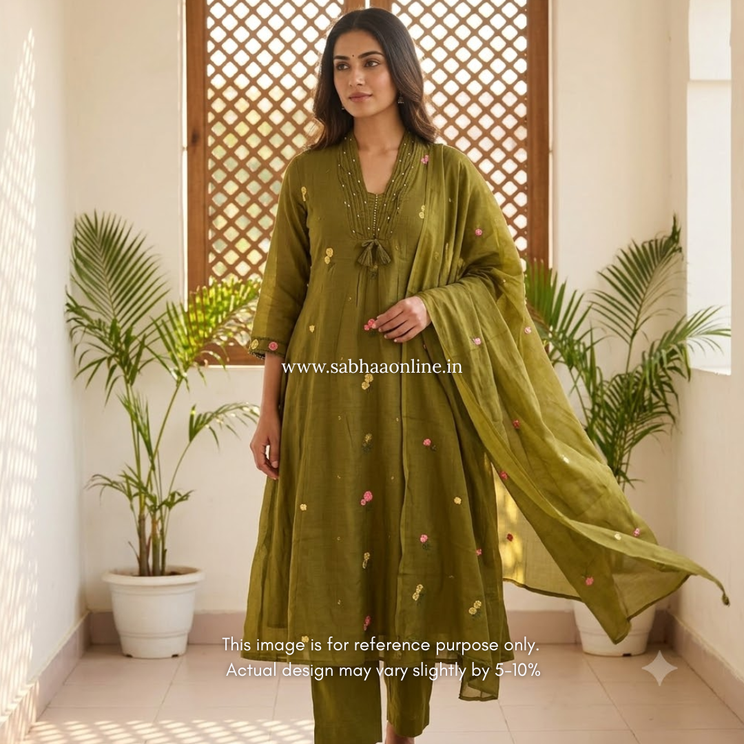 Rakshita - Olive green  Mul Cotton kurti 3pc set with lining - LN 64