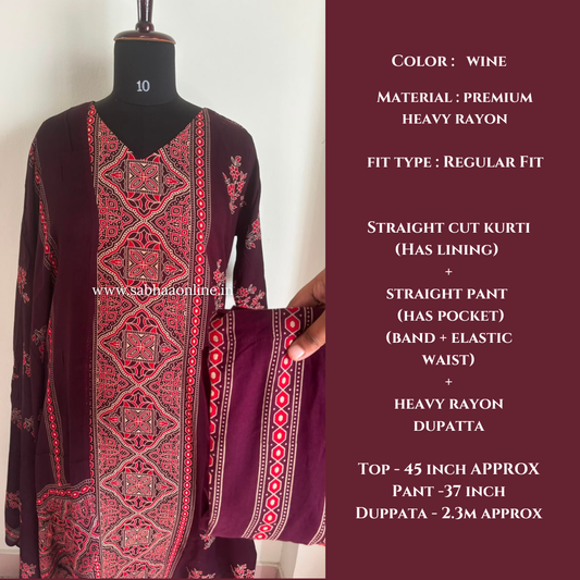 Azba- Wine Premium heavy rayon printed kurti 3pc set with lining - LN 64