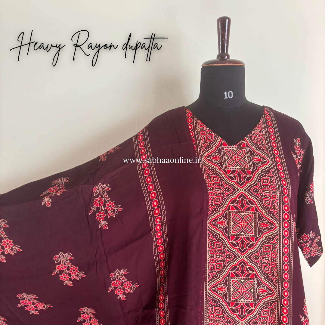 Azba- Wine Premium heavy rayon printed kurti 3pc set with lining - LN 64