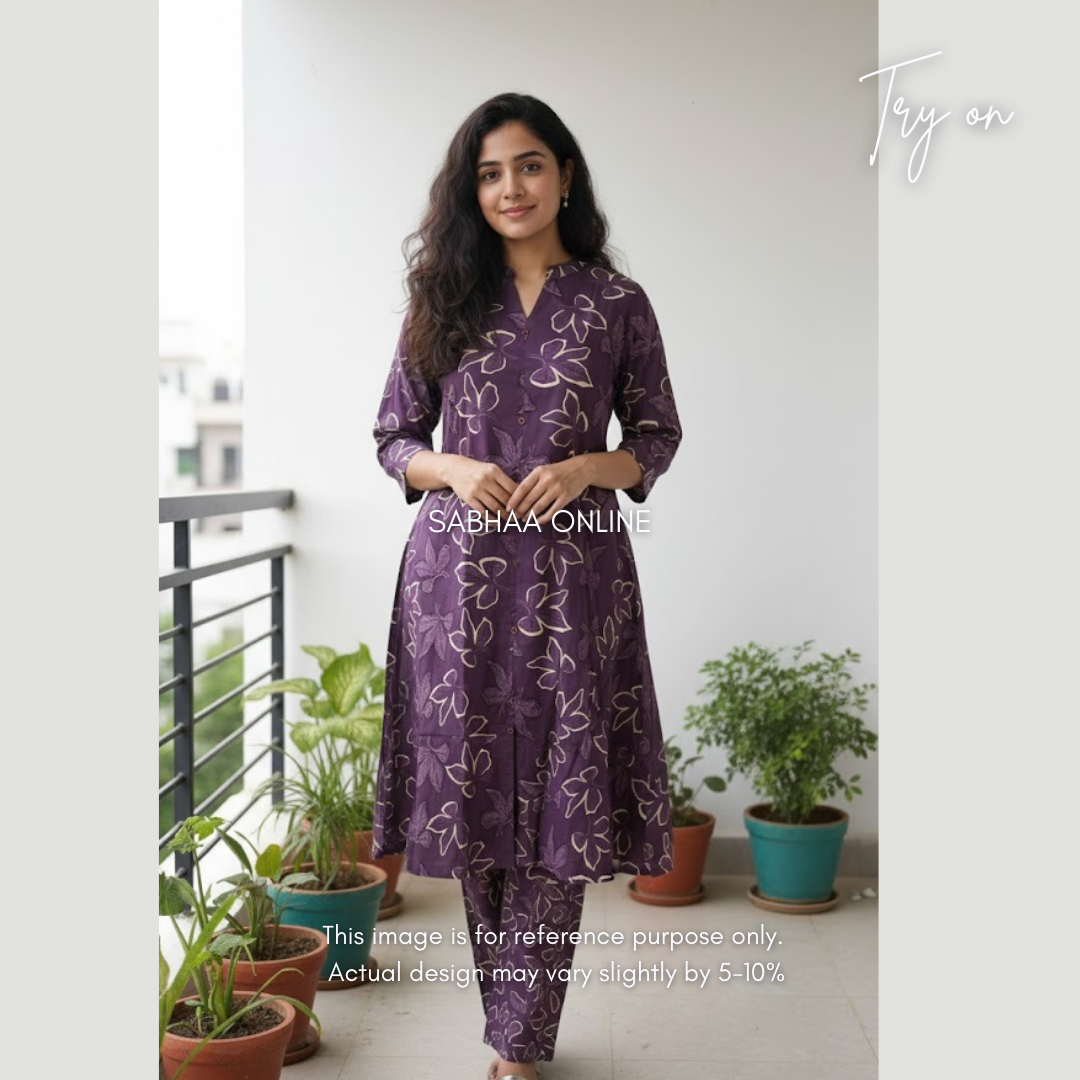 Kural - Dark Purple Anarkali Cotton kurti pant set - LN 21