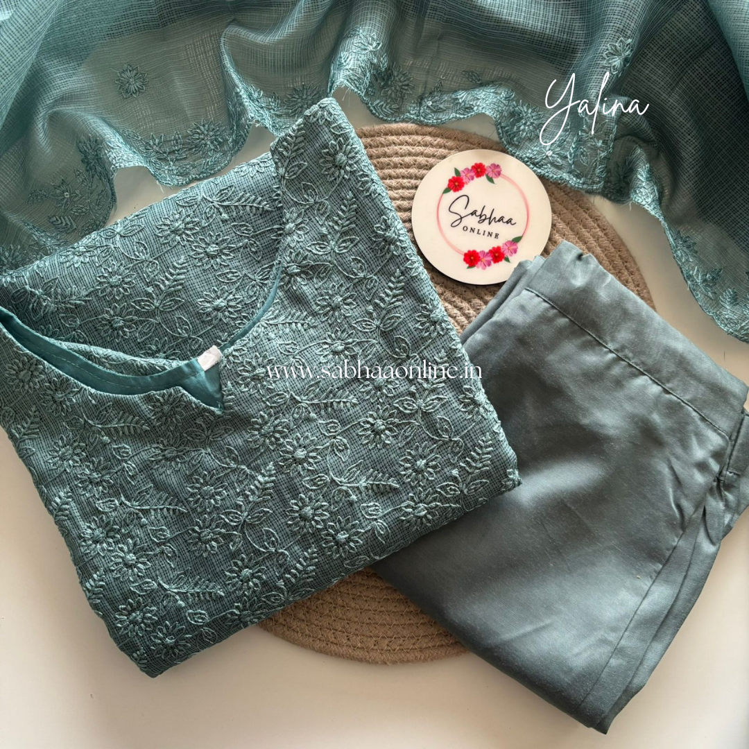 Yalina - Muted Teal Net Cotta kurti 3pc set with lining (SIZE L 40 ONLY) - LN 31