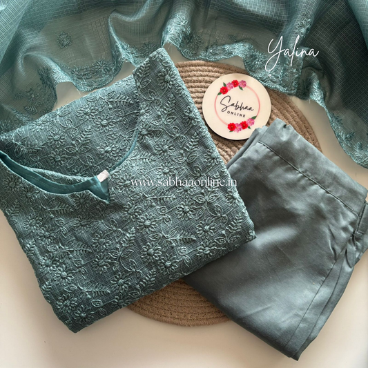 Yalina - Muted Teal Net Cotta kurti 3pc set with lining (SIZE L 40 ONLY) - LN 31