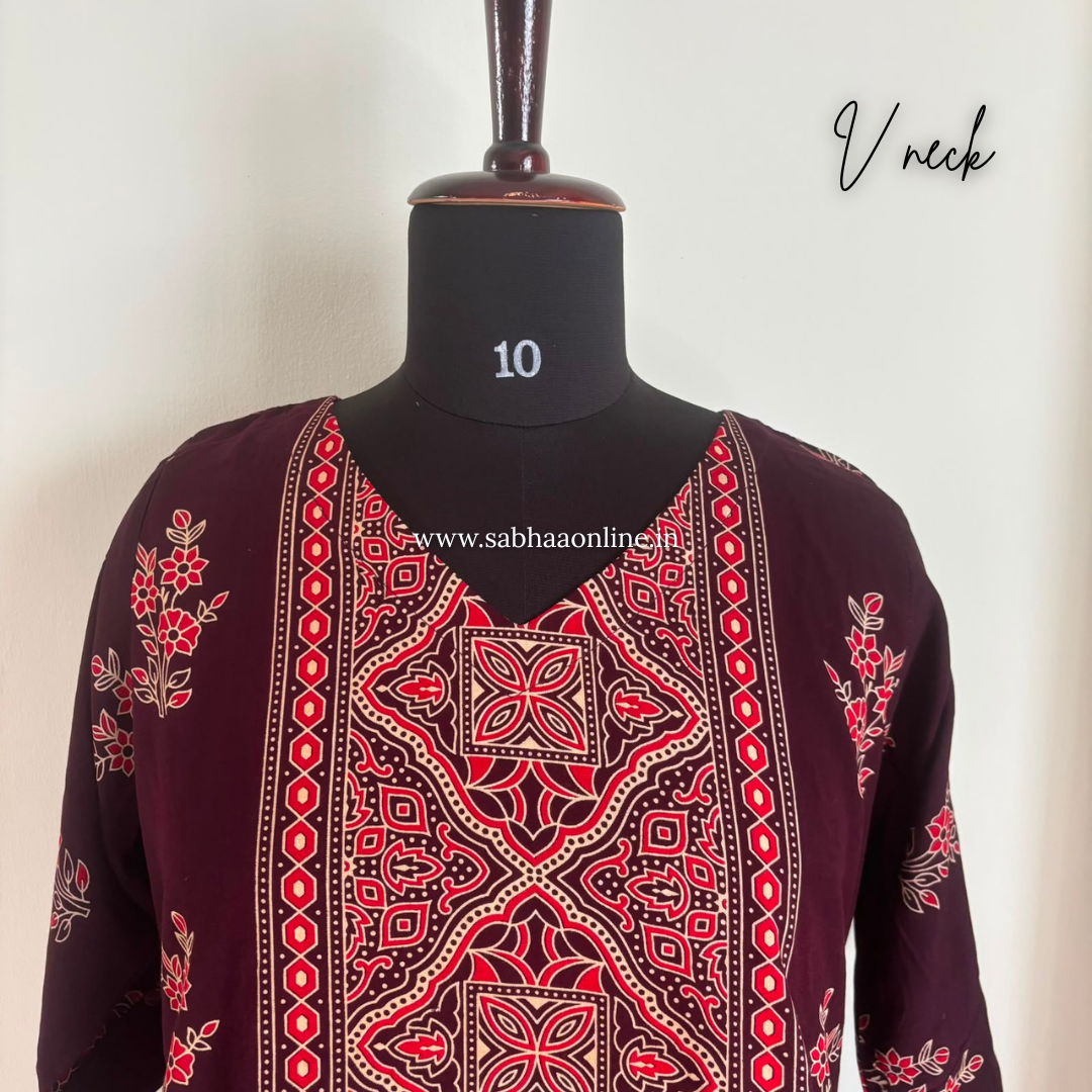 Azba- Wine Premium heavy rayon printed kurti 3pc set with lining - LN 64