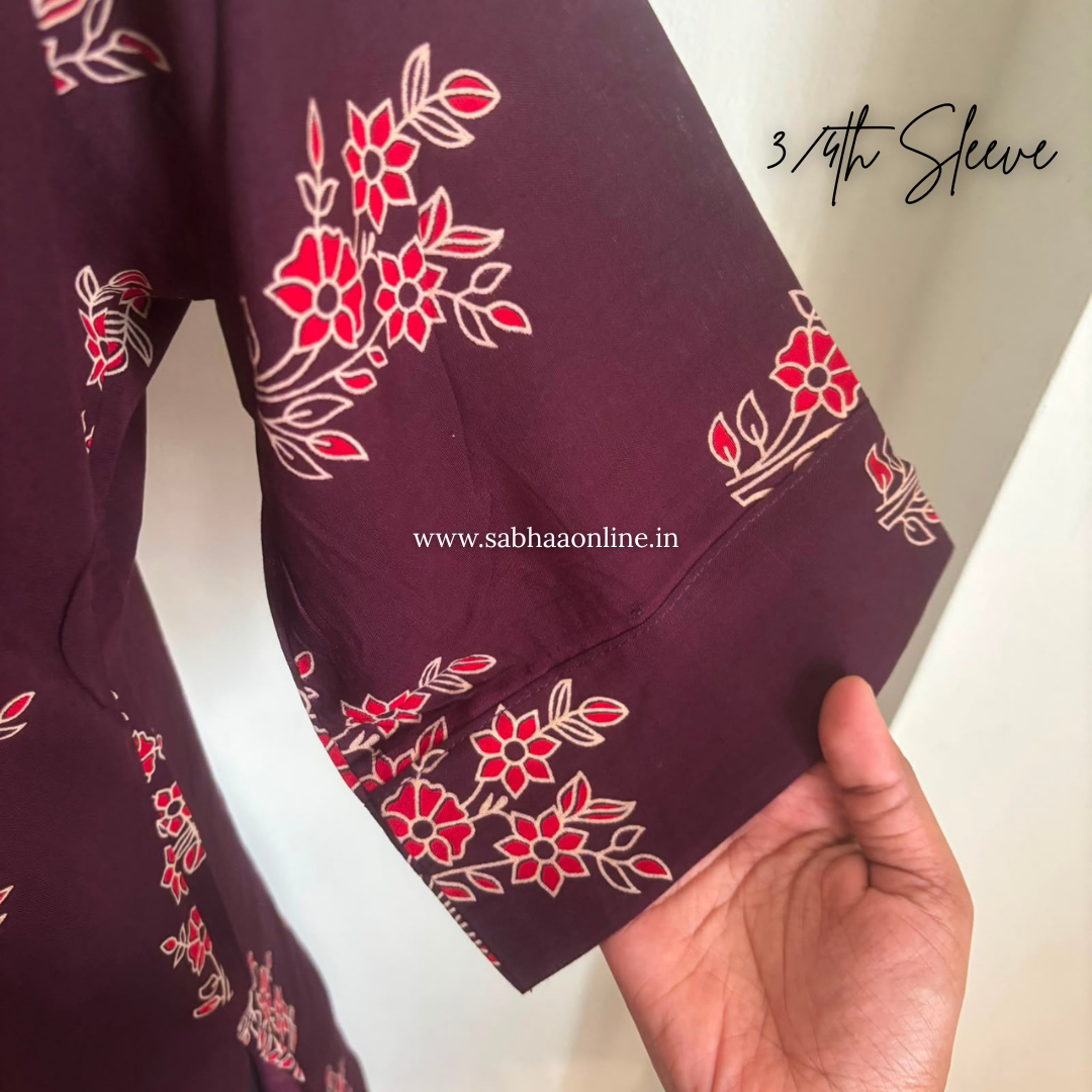 Azba- Wine Premium heavy rayon printed kurti 3pc set with lining - LN 64
