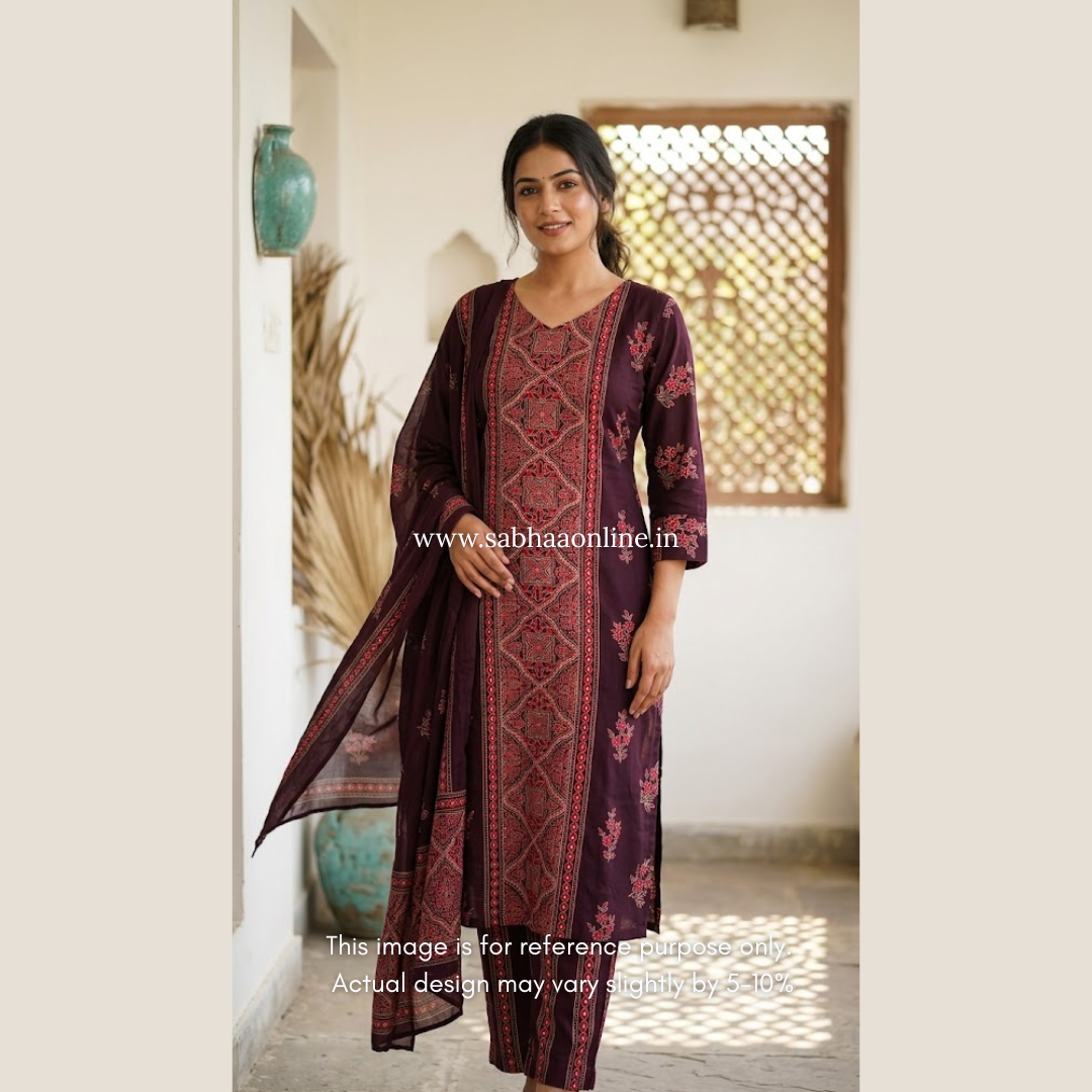 Azba- Wine Premium heavy rayon printed kurti 3pc set with lining - LN 64