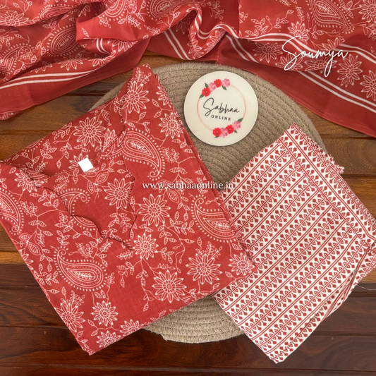 Soumya - Light Red Flex/Cambric Cotton kurti 3pc set with lining - LN 64
