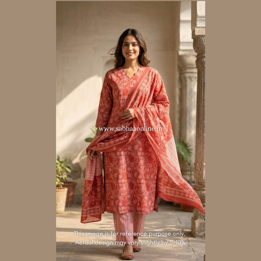 Soumya - Light Red Flex Cotton kurti 3pc set with lining - LN 64