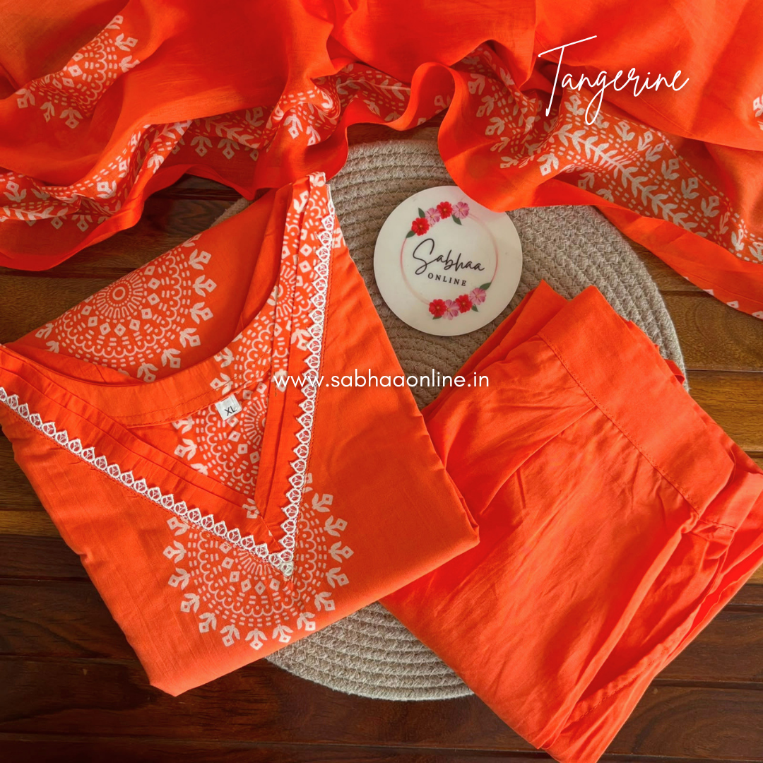 Tangerine - Bright Kesari Orange Cotton kurti 3pc set with lining - LN 66