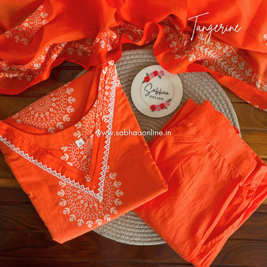 Tangerine - Bright Kesari Orange Cotton kurti 3pc set with lining - LN 66