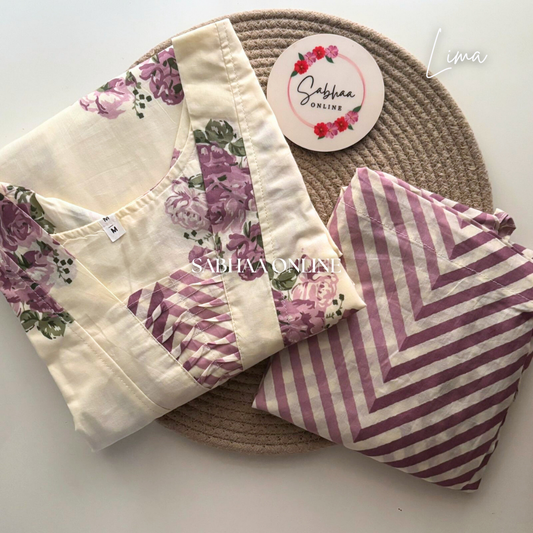Lima - Off white and Lavendar Cotton kurti pant set with lining- LN 21