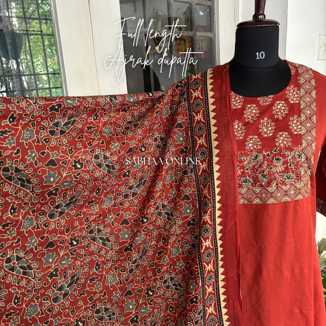 Rana - Brick red Solid + Ajrak printed Cotton Kurti 3pc set