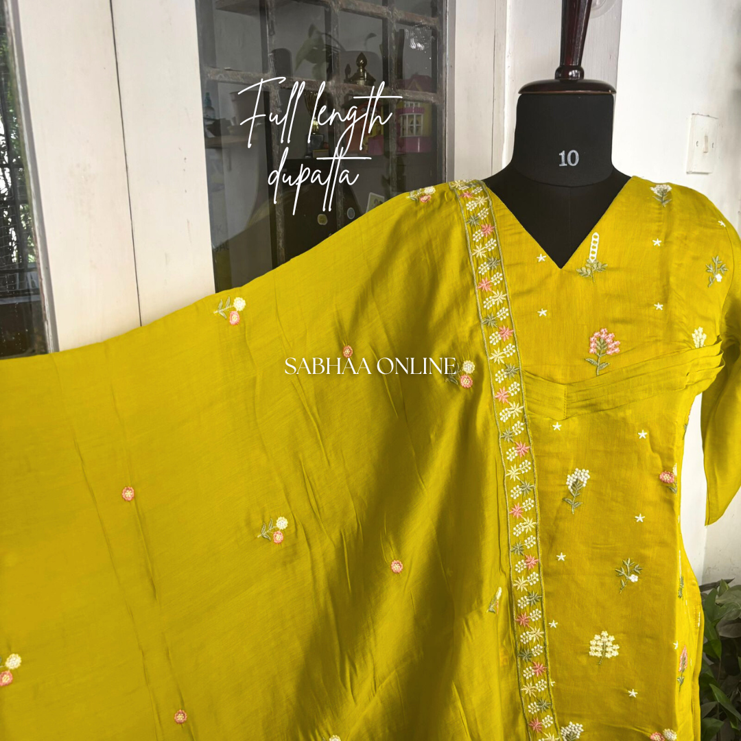 Maithreyi - Lemon Yellow Premium Mul Chanderi Kurti 3pc set with lining (Slim fit)