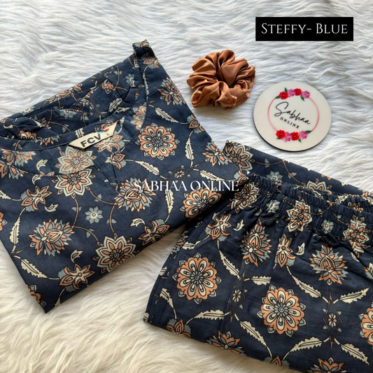 Steffy - Blue Cotton Lounge Coord set