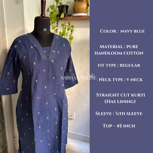 Mitra - Navy blue Handloom Cotton kurti with lining