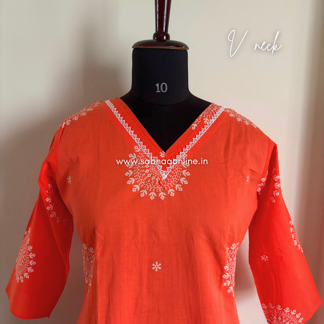 Tangerine - Bright Kesari Orange Cotton kurti 3pc set with lining - LN 66