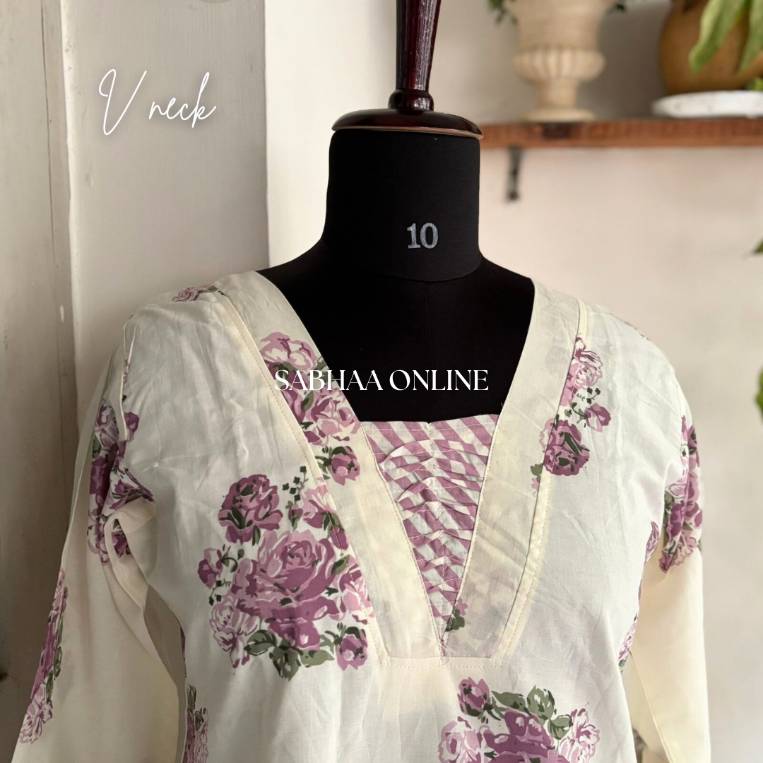 Lima - Off white and Lavendar Cotton kurti pant set with lining- LN 21